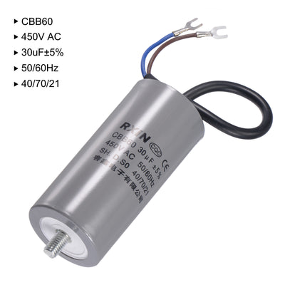 Harfington Uxcell CBB60 Run Capacitor 30uF 450V AC 2 Wires 50/60Hz Cylinder 96x45mm with Terminal, M8 Fixing Stud for Air Compressor Water Pump Motor