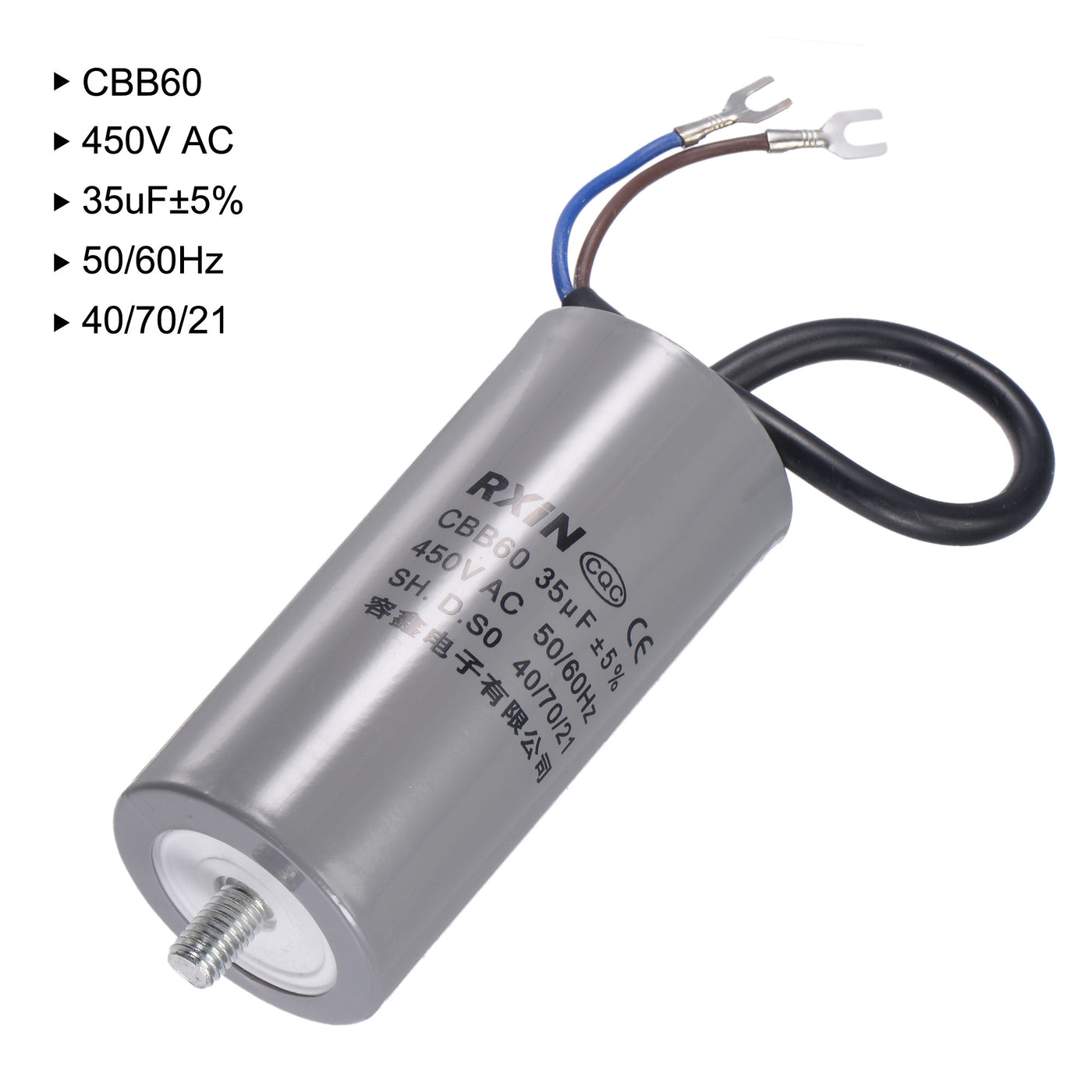 uxcell Uxcell CBB60 Run Capacitor 35uF 450V AC 2 Wires 50/60Hz Cylinder 96x45mm with Terminal, M8 Fixing Stud for Air Compressor Water Pump Motor