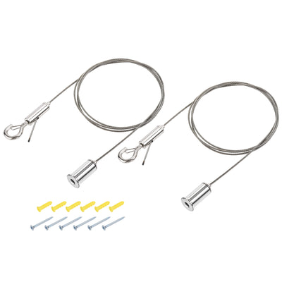 Harfington Uxcell Picture Hanging Wire Hooks Kit, 2Set 1.5M Adjustable Hanger Wire for Home Art Gallery Picture Display Kit, Load 33 lbs, with 6Set Screws