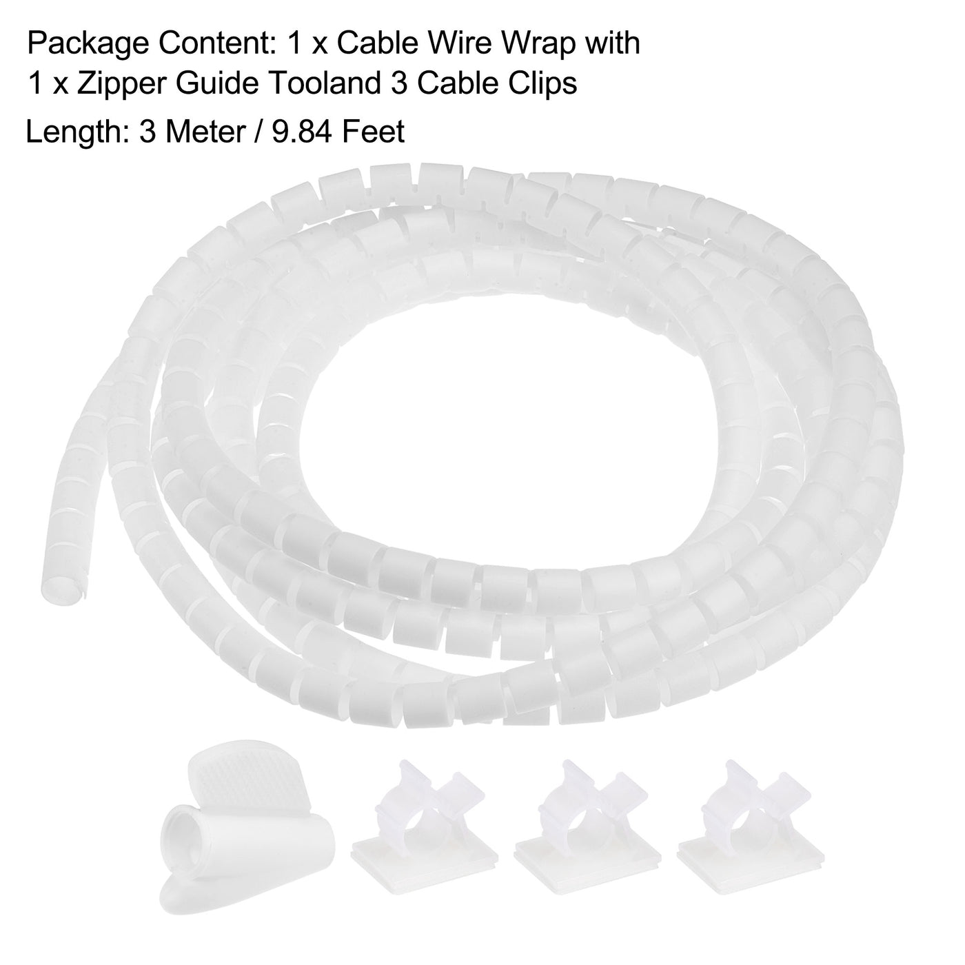 uxcell Uxcell 10mm Cable Wire Wrap for Cord Management White 3 Meter with Zipper Clips