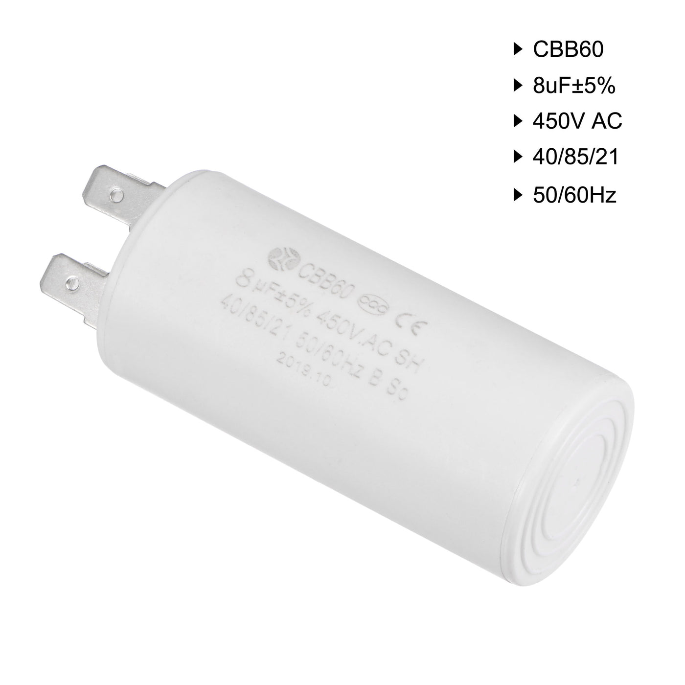 uxcell Uxcell CBB60 Run Capacitor 8uF 450V AC Double Insert 50/60Hz Cylinder 69x32mm White for Air Compressor Water Pump Motor