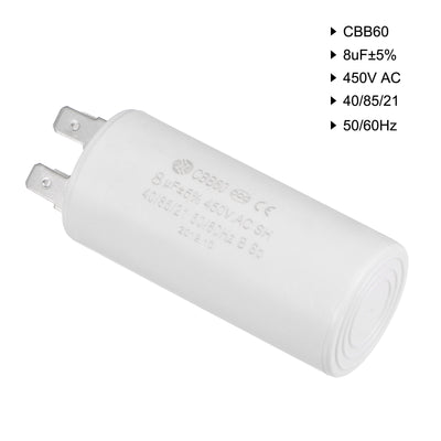 Harfington Uxcell CBB60 Run Capacitor 8uF 450V AC Double Insert 50/60Hz Cylinder 69x32mm White for Air Compressor Water Pump Motor