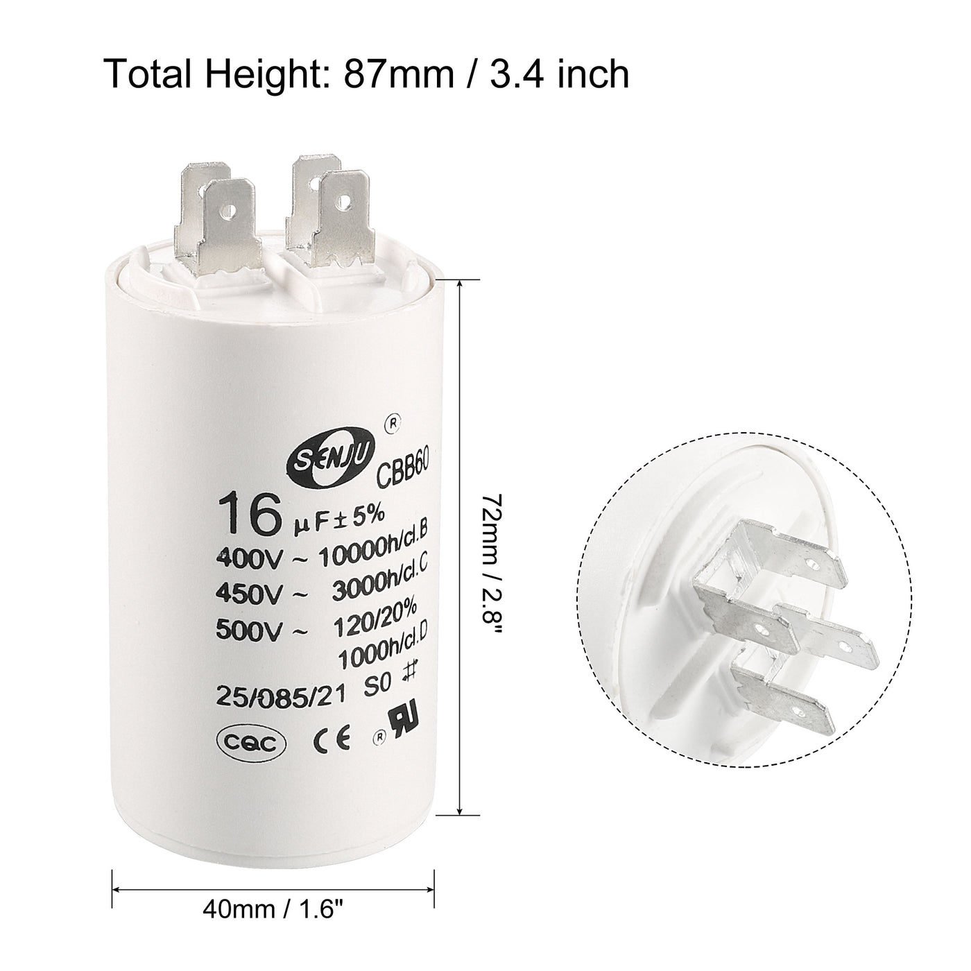 uxcell Uxcell CBB60 Run Capacitor 16uF 450V AC Double Insert 50/60Hz Cylinder 72x40mm White for Air Compressor Water Pump Motor