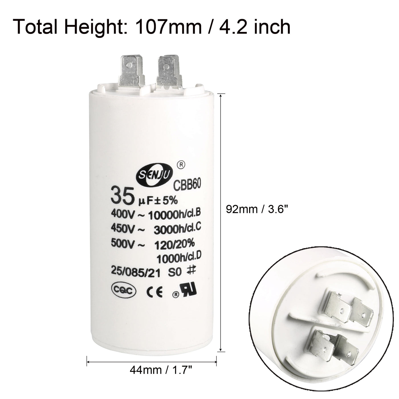 uxcell Uxcell CBB60 Run Capacitor 35uF 450V AC Double Insert 50/60Hz Cylinder 92x44mm White for Air Compressor Water Pump Motor
