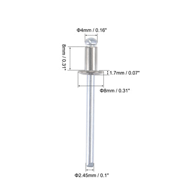 Harfington Uxcell Blind Rivets 304 Stainless Steel 4mm Diameter 8mm Grip Length Silver 100pcs