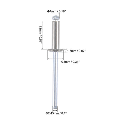 Harfington Uxcell Blind Rivets 304 Stainless Steel 4mm Diameter 13mm Grip Length Silver 50pcs