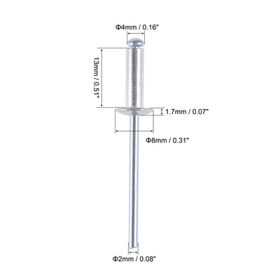 Harfington Uxcell Blind Rivets , Aluminum Pull Rivets Core Decoration Rivets 4mm Diameter 13mm Grip Length Silver Tone , 60pcs