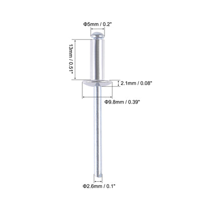 Harfington Uxcell Blind Rivets , Aluminum Pull Rivets Core Decoration Rivets 5mm Diameter 13mm Grip Length Silver Tone , 60pcs
