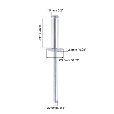 Harfington Uxcell Blind Rivets , Aluminum Pull Rivets Core Decoration Rivets 5mm Diameter 16mm Grip Length Silver Tone , 60pcs