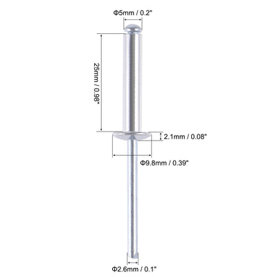 Harfington Uxcell Blind Rivets , Aluminum Pull Rivets Core Decoration Rivets 5mm Diameter 25mm Grip Length Silver Tone , 60pcs