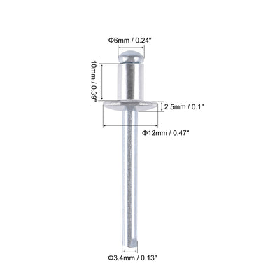 Harfington Uxcell Blind Rivets , Aluminum Pull Rivets Core Decoration Rivets 6mm Diameter 10mm Grip Length Silver Tone , 25pcs