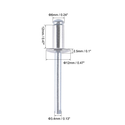 Harfington Uxcell Blind Rivets Aluminum 6mm Diameter 12mm Grip Length Silver Tone 50pcs