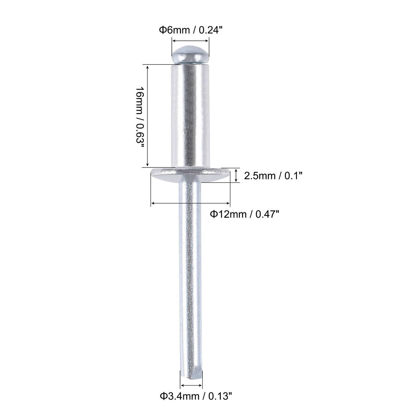 uxcell Uxcell Blind Rivets , Aluminum Pull Rivets Core Decoration Rivets 6mm Diameter 16mm Grip Length Silver Tone , 25pcs