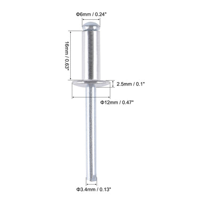 Harfington Uxcell Blind Rivets , Aluminum Pull Rivets Core Decoration Rivets 6mm Diameter 16mm Grip Length Silver Tone , 25pcs