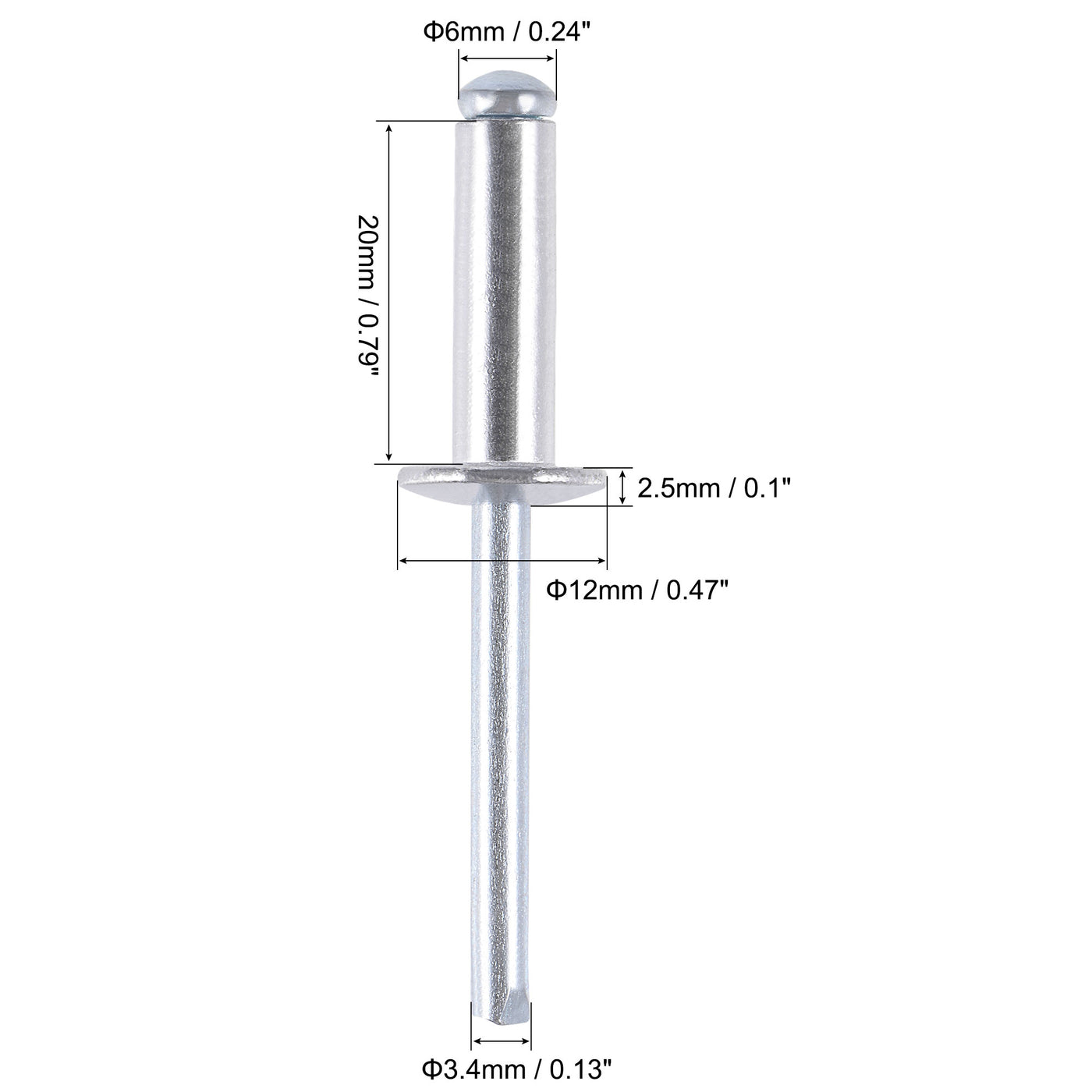 uxcell Uxcell Blind Rivets , Aluminum Pull Rivets Core Decoration Rivets 6mm Diameter 20mm Grip Length Silver Tone , 25pcs
