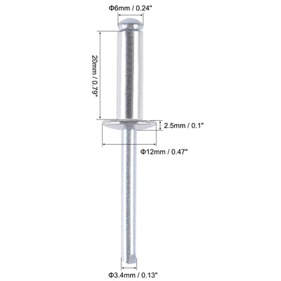 Harfington Uxcell Blind Rivets , Aluminum Pull Rivets Core Decoration Rivets 6mm Diameter 20mm Grip Length Silver Tone , 25pcs