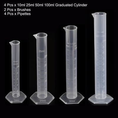 Harfington Uxcell Plastic Graduated Cylinder, 10ml 25ml 50ml 100ml Measuring Cylinder with 4 Transfer Pipettes and 2 Brushes, 10in1 Set for Science Lab