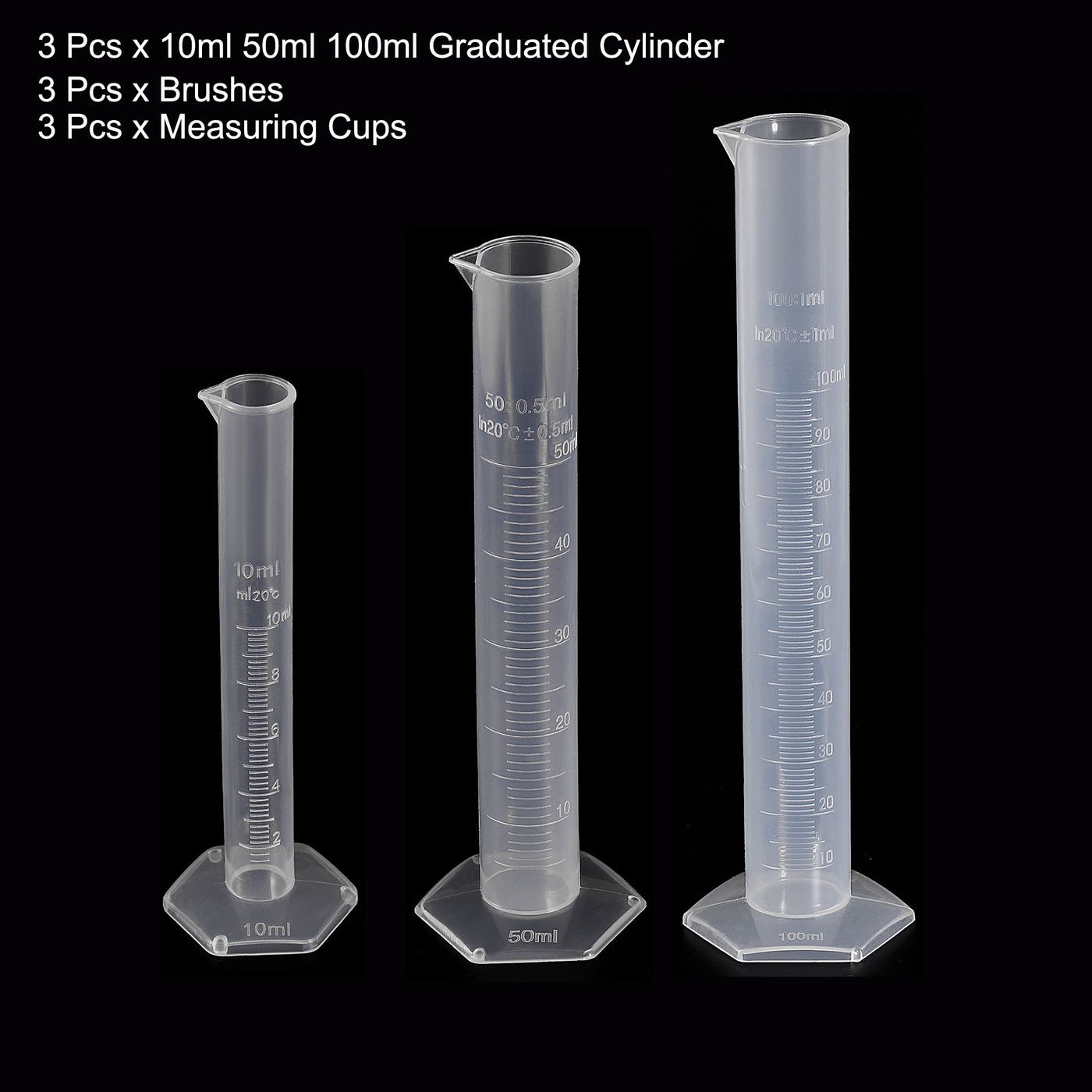 uxcell Uxcell Plastic Graduated Cylinder, 10ml 50ml 100ml Measuring Cylinder with 50ml 100ml 250ml Beakers and 3 Sizes Brushes, 9in1 Set for Science Lab