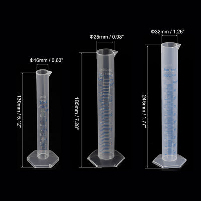 Harfington Uxcell Plastic Graduated Cylinder, 10ml 50ml 100ml Measuring Cylinder with 50ml 100ml 250ml Beakers and 3 Sizes Brushes, 9in1 Set for Science Lab