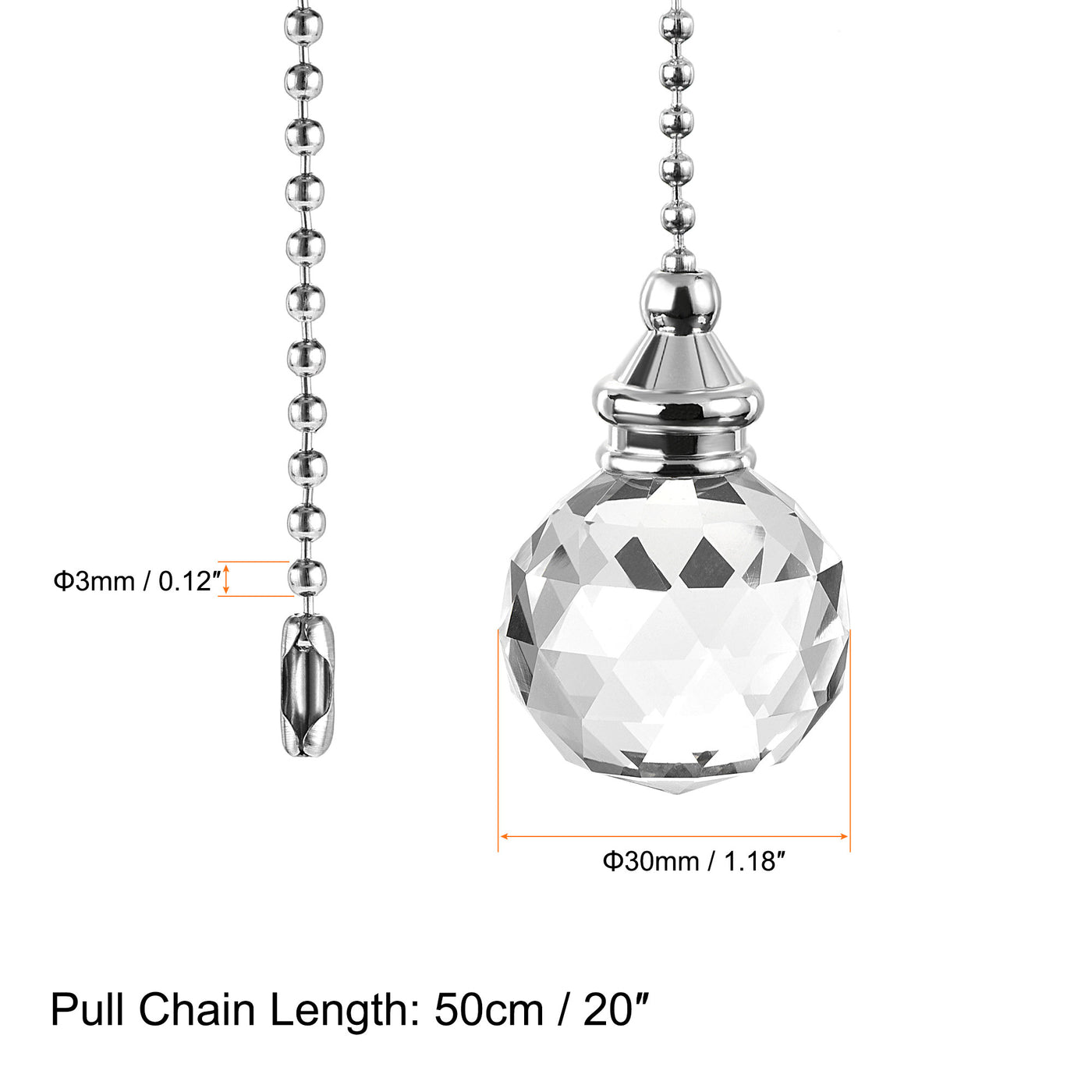 uxcell Uxcell Ceiling Fan Pull Chain, 20 Inch Nickel Finish Chain Ornament Extension, 30mm Clear Crystal Ball Pendant 2Pcs