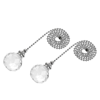 Harfington Uxcell Ceiling Fan Pull Chain, 20 Inch Nickel Finish Chain Ornament Extension, 30mm Clear Crystal Ball Pendant 2Pcs