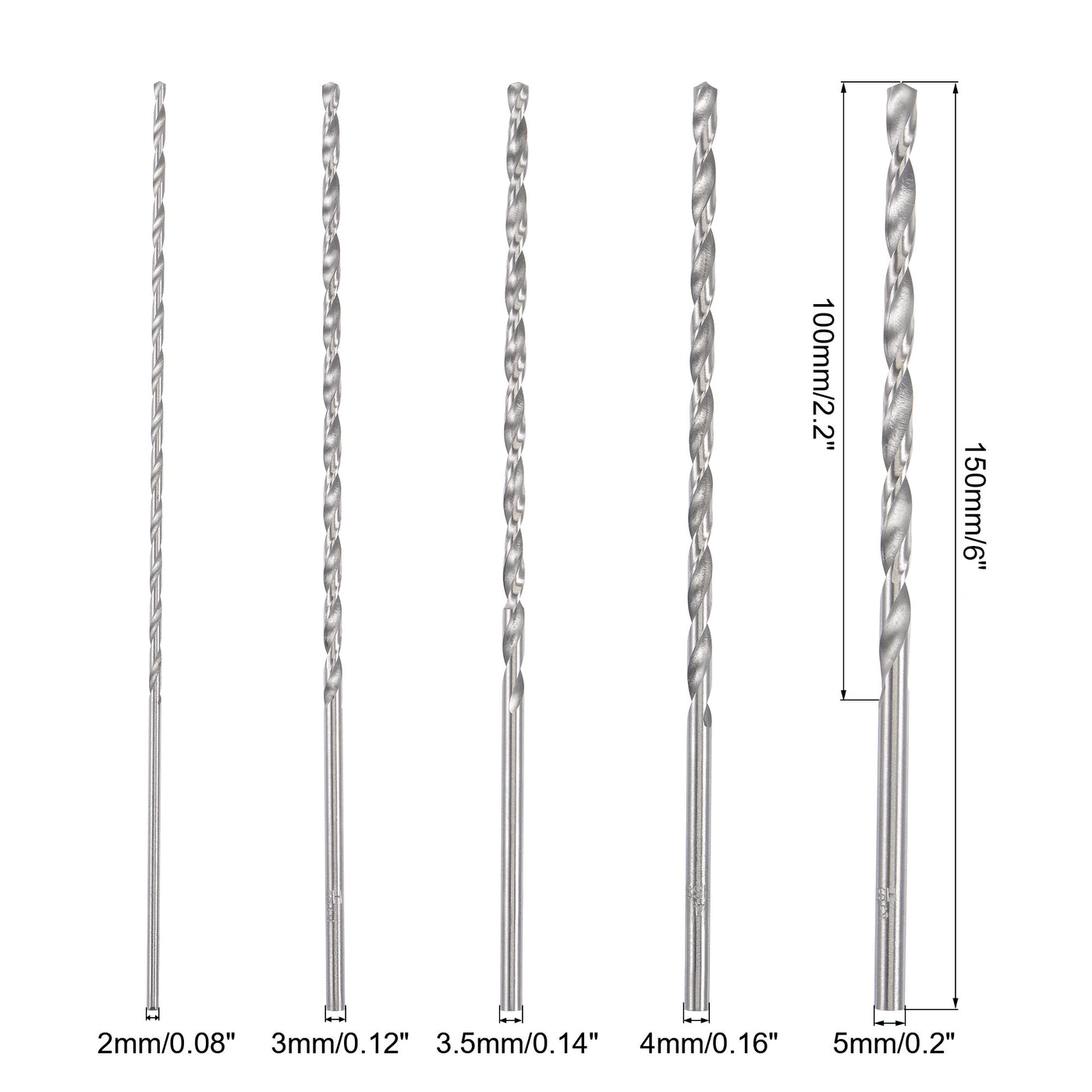 uxcell Uxcell 6-Inch Lengthen Twist Drill Bit Set High-Speed Steel 2mm - 5mm Drilling 150mm