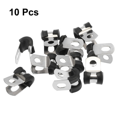Harfington 10pcs 4.8mm 3/16 Inch R Shape Automotive 304 Stainless Steel Cable Clamp Rubber Cushioned Metal Clamp Fastener for Tube Pipe Wire Installation