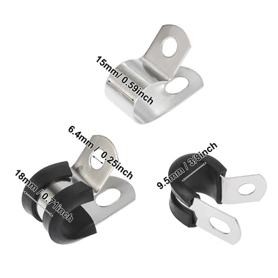 Harfington 10pcs 9.5mm 3/8 Inch R Shape Automotive 304 Stainless Steel Cable Clamp Rubber Cushioned Metal Clamp Fastener for Tube Pipe Wire Installation