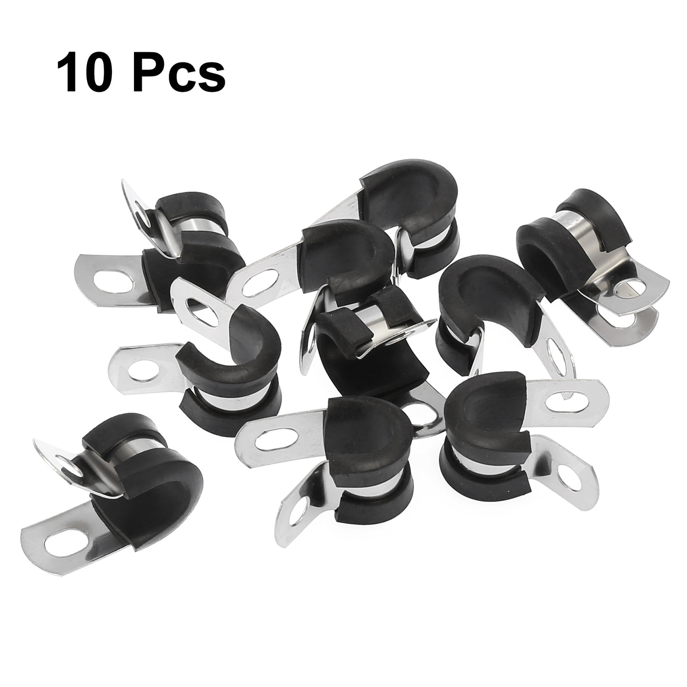 Harfington 10pcs 9.5mm 3/8 Inch R Shape Automotive 304 Stainless Steel Cable Clamp Rubber Cushioned Metal Clamp Fastener for Tube Pipe Wire Installation