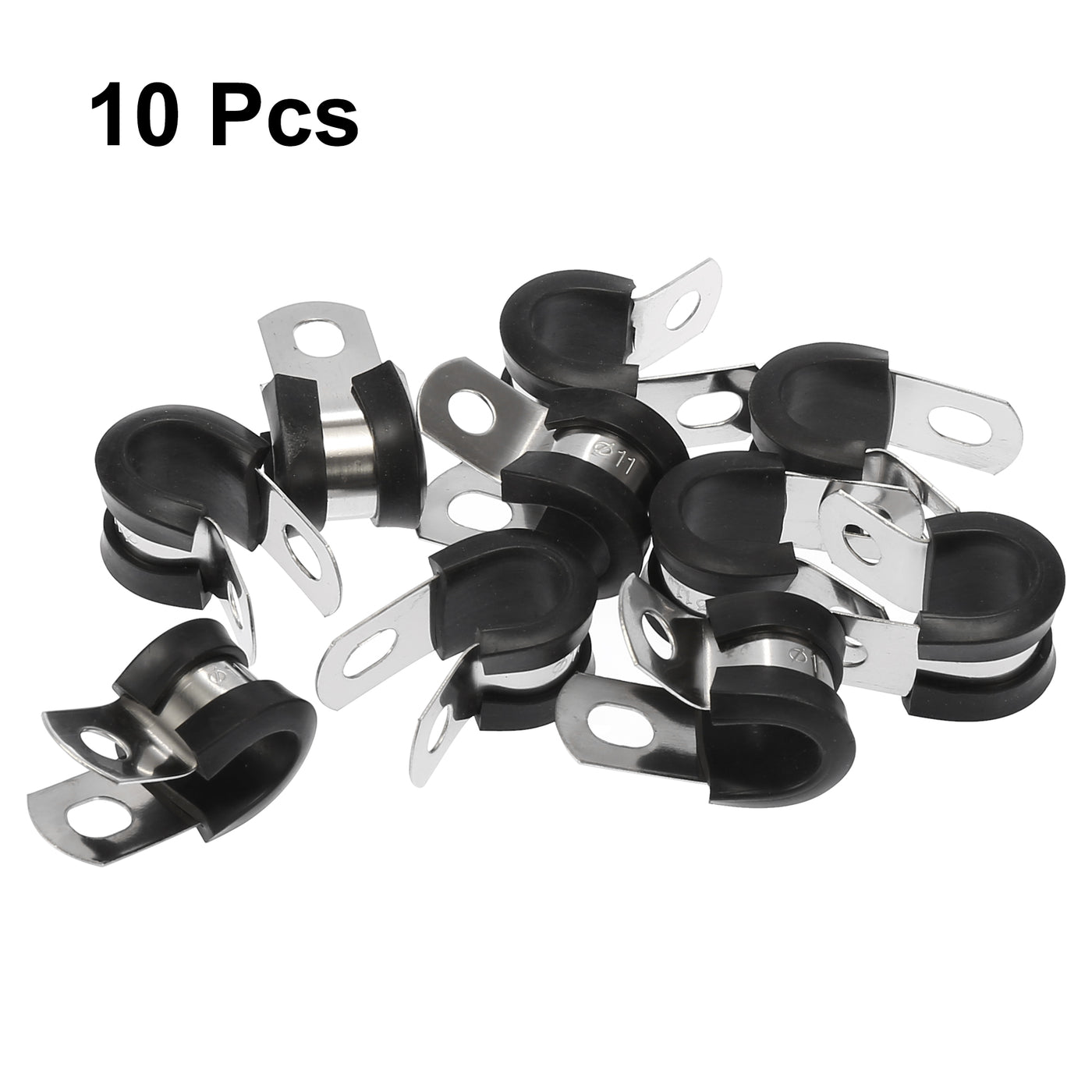 Harfington 10pcs 11mm 7/16 Inch R Shape Automotive 304 Stainless Steel Cable Clamp Rubber Cushioned Metal Clamp Fastener for Tube Pipe Wire Installation