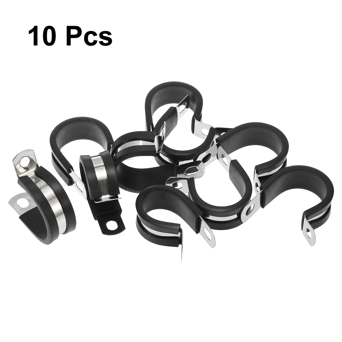 Harfington 10pcs 25.4mm 1 Inch R Shape Automotive 304 Stainless Steel Cable Clamp Rubber Cushioned Metal Clamp Fastener for Tube Pipe Wire Installation