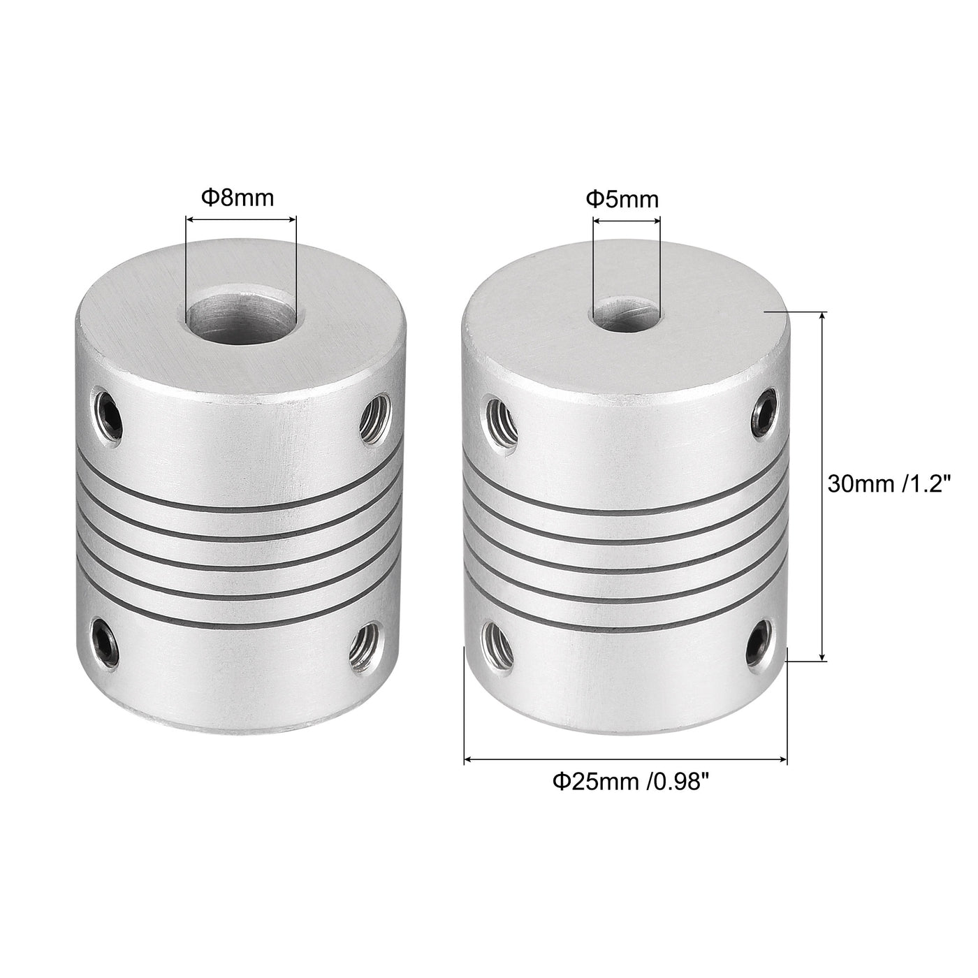 uxcell Uxcell 8mm to 5mm Aluminum Alloy Shaft Coupling Flexible Coupler L30xD25 Silver