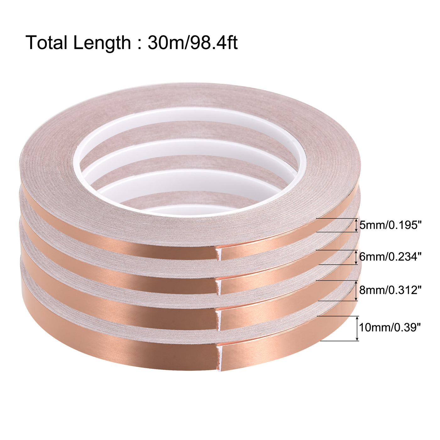 uxcell Uxcell Single-Sided Conductive Tape Copper Foil Tape 5mm/6mm/8mm/10mm x 30m/98.4ft 4pcs