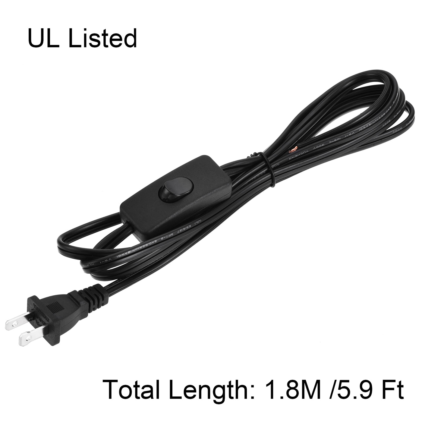 uxcell Uxcell US Plug Lamp Cord with Switch, SPT-2 18AWG Power Wire 1.8M Black, UL Listed