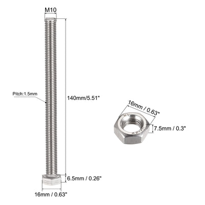 Harfington Uxcell M10 x 140mm Hex Head Screws Bolts, Nuts, Flat & Lock Washers Kits, 304 Stainless Steel Fully Thread Hexagon Bolts 4 Sets