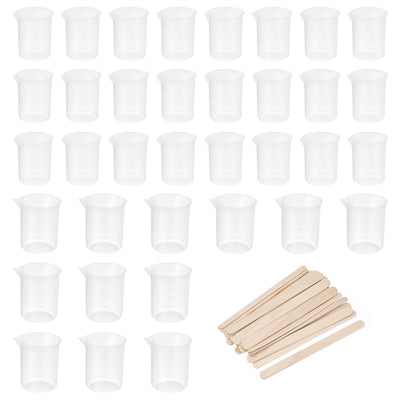 Harfington Uxcell 36 Pack Measuring Cup, 24 Pack 50ml, 12 Pack 100ml, PP Plastic Graduated Beaker Clear with 20 Pack Wooden Stirring Sticks for Lab Kitchen Liquids
