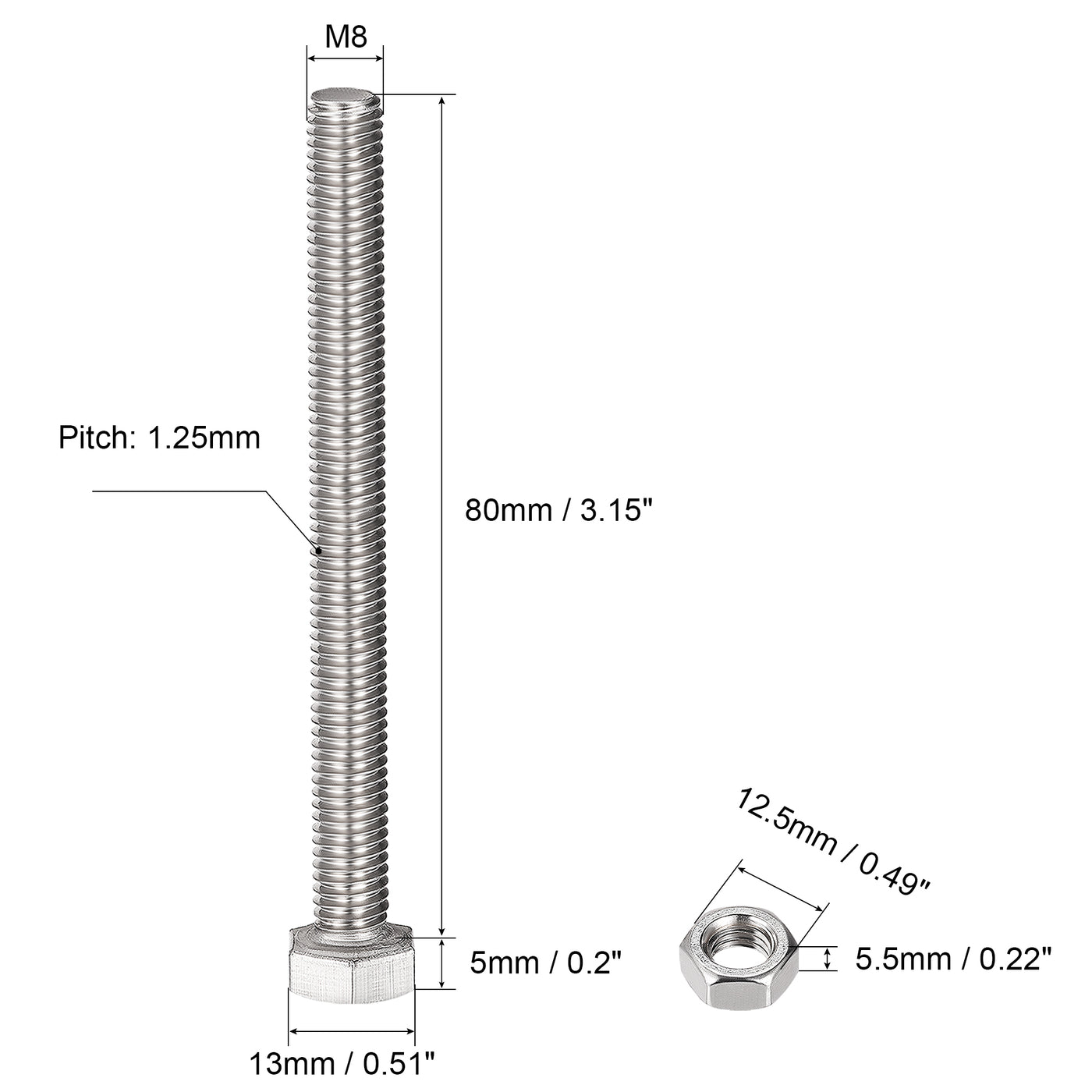 thumbnail image 2 of M8 X 20mm Bolt Uxcell M8 X 20mm Hex Head Screws Bolts, Nuts, Flat & Lock Washers Kits, 304 Stainless Steel Fully Thread Hexagon Bolts 4 Sets Hex Bolt 2 of 9