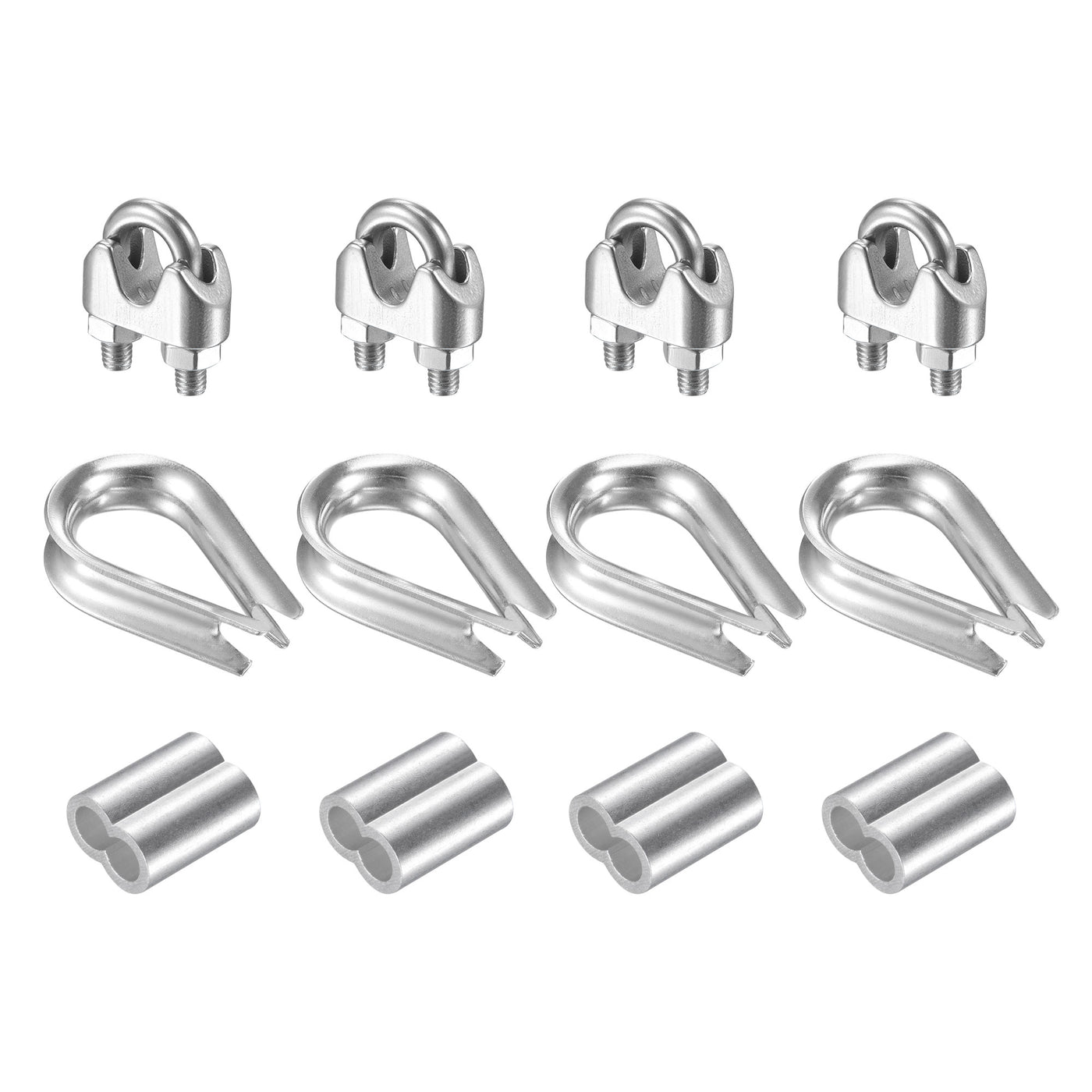 uxcell Uxcell Wire Rope Cable Clip Kit for M8, Included 304 Stainless Steel Rope Clamp, Thimble Rigging, Aluminum Crimping Loop Sleeve 4 Set