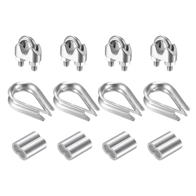 Harfington Uxcell Wire Rope Cable Clip Kit for M8, Included 304 Stainless Steel Rope Clamp, Thimble Rigging, Aluminum Crimping Loop Sleeve 4 Set