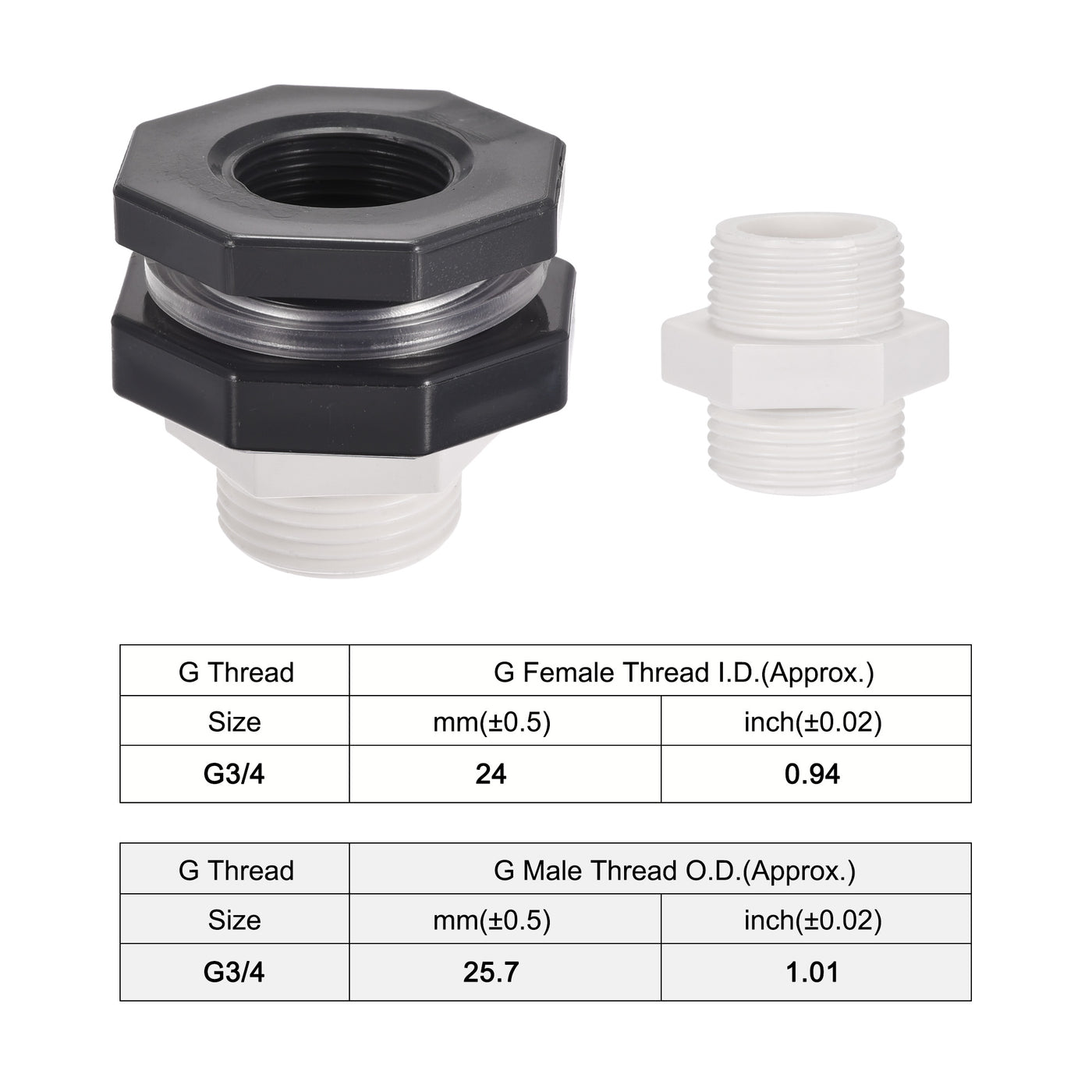 uxcell Uxcell PVC Bulkhead Tank Adapter with Thread Pipe Fitting G3/4 Thread for Rain Buckets Water Tanks Aquariums 1 Set
