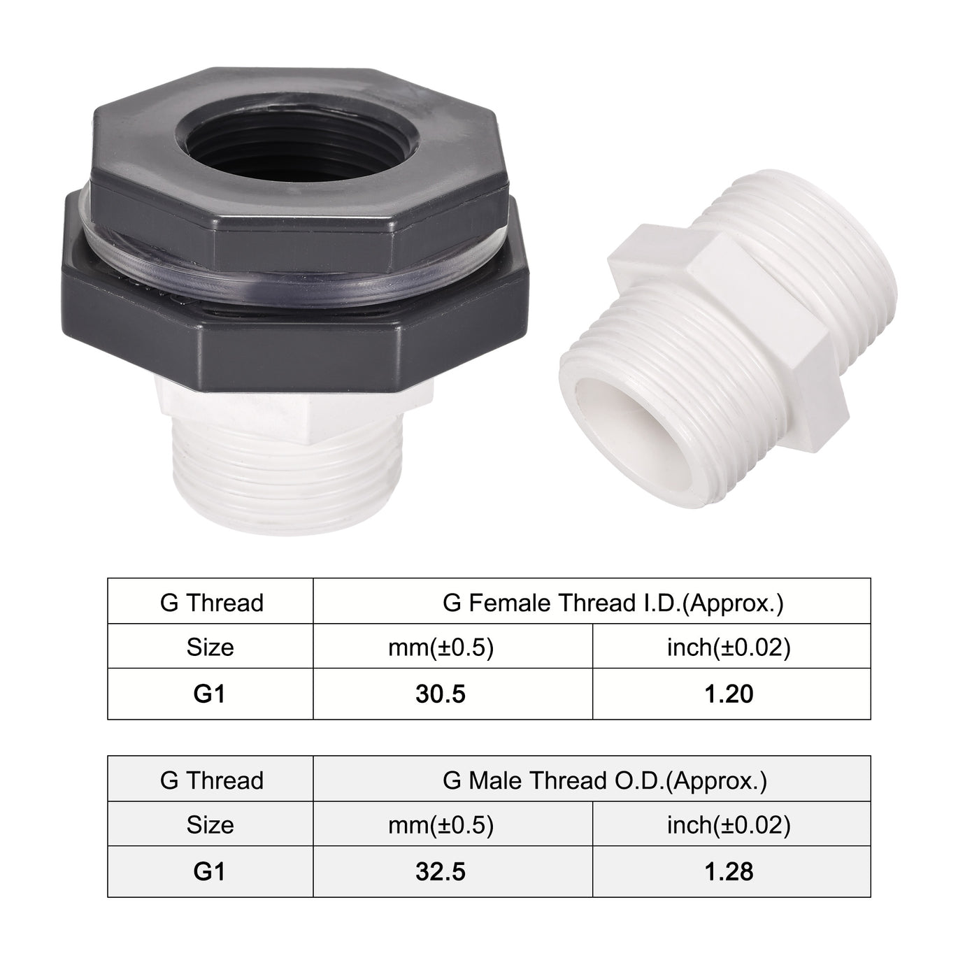 uxcell Uxcell PVC Bulkhead Tank Adapter with Thread Pipe Fitting G1 Thread for Rain Buckets Water Tanks Aquariums 1 Set