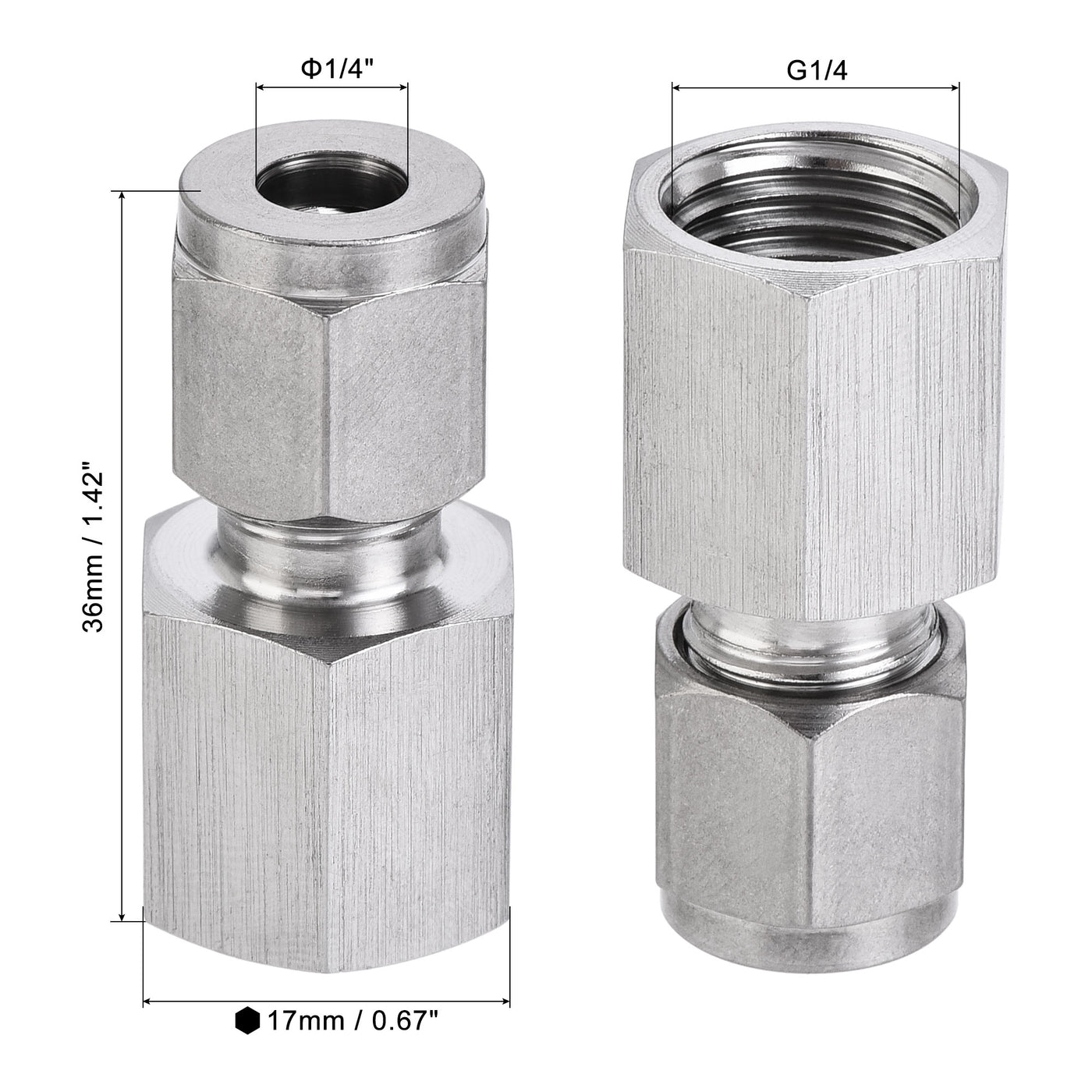 Uxcell Uxcell Compression Tube Fitting G1/2 Female Thread x 1/2" Tube OD Straight Coupling Adapter 304 Stainless Steel