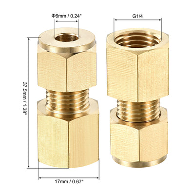 Harfington Uxcell Compression Tube Fitting G1/4 Female Thread x 6mm Tube OD Straight Coupling Adapter Brass