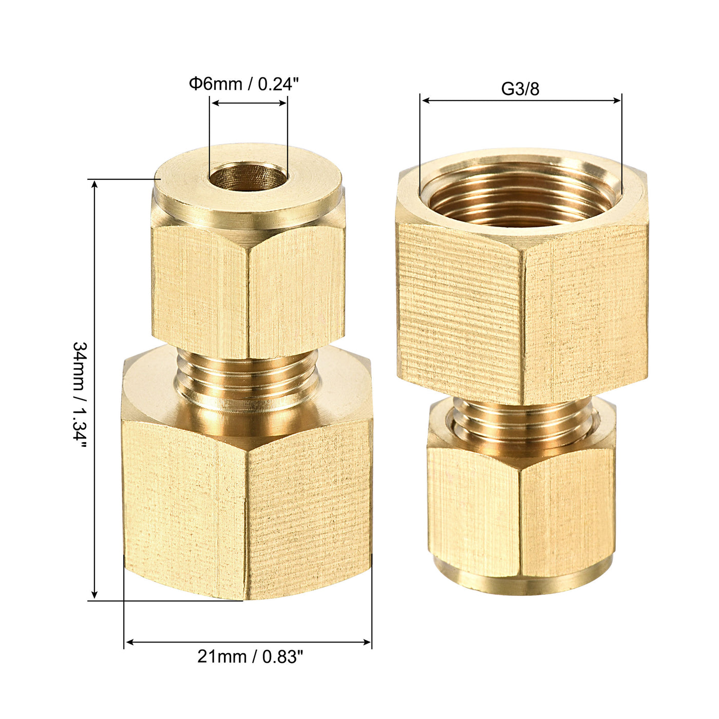 Uxcell Uxcell Compression Tube Fitting G3/8 Female Thread x 8mm Tube OD Straight Coupling Adapter Brass, 2pcs