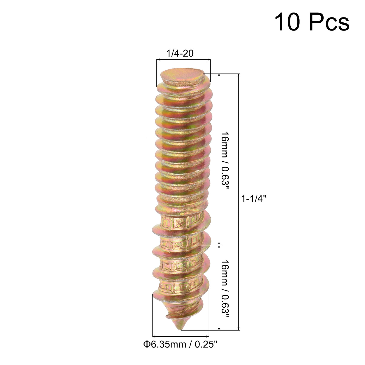 Uxcell Uxcell 10pcs 1/4-20 x 1-1/4" Hanger Bolts Double Head Dowel Screw for Wood Furniture