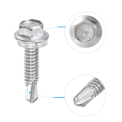 Harfington Uxcell #12 x 63/64" 410 Stainless Steel Hex Washer Head Self Drilling Screws 50pcs