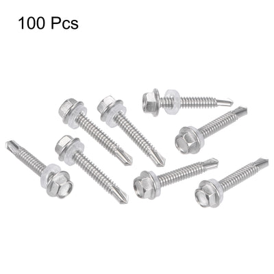 Harfington Uxcell #12 x 1 17/64" 410 Stainless Steel Hex Washer Head Self Drilling Screws 100pcs