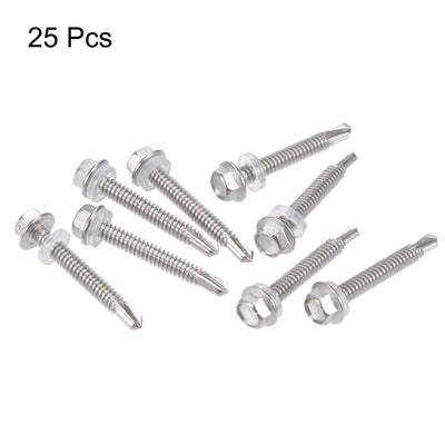 Harfington Uxcell #12 x 1 1/2" 410 Stainless Steel Hex Washer Head Self Drilling Screws 25pcs