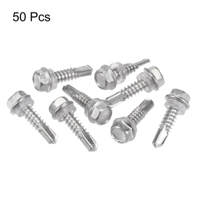 Harfington Uxcell #14 x 63/64" 410 Stainless Steel Hex Washer Head Self Drilling Screws 50pcs