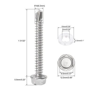 Harfington Uxcell #14 x 1 31/32" 410 Stainless Steel Hex Washer Head Self Drilling Screws 50pcs